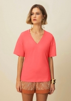 T-shirt Morena Rosa decote V detalhe ribana pink 