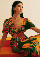 Vestido CaCay Midi Decote Profundo Estampado Costela Mexicana