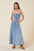 Saia My Place longa jeans fenda recortes 