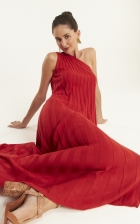Vestido Cantão Midi Tricot Plissado Assimetrico Vermelho Viva