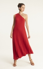 Vestido Cantão Midi Tricot Plissado Assimetrico Vermelho Viva