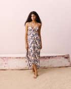 Vestido CaCay midi postas assimetria azul escuro