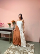 1958G - VESTIDO LONGO - G - BICOLOR PANAMA NAT/TERRA